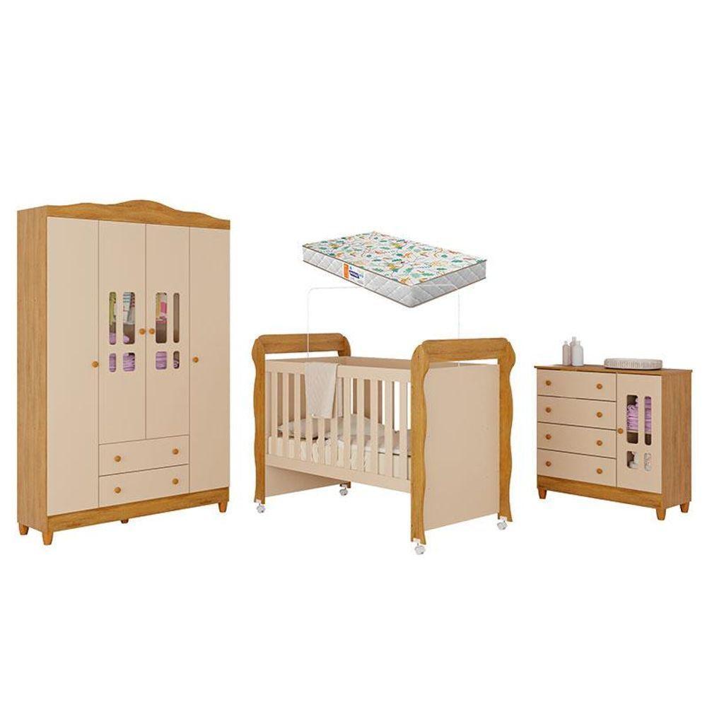 Quarto De Bebê Ariel 4 Portas Com Berço Americano Mirelle Off White Bétula Com Colchão Gazin -carolina Baby - 1