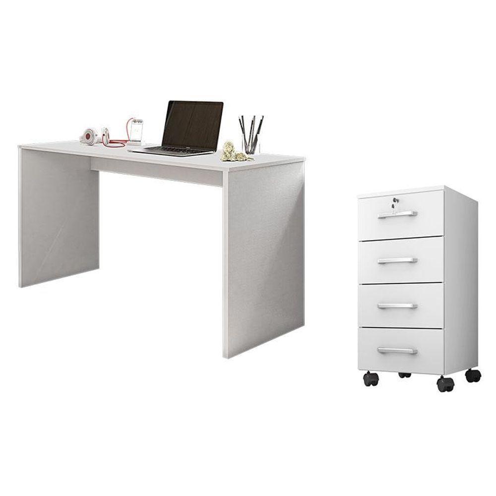 Mesa Para Computador E Gaveteiro Gávea Com Chave 4 Gavetas Branco Fosco - Móveis Leão - 1