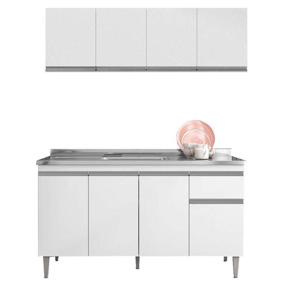 Balcão De Pia Tatiane 145 Cm E Armário Aéreo Andréia 4 Portas 150 Cm Branco Brilho - Ajl - 1