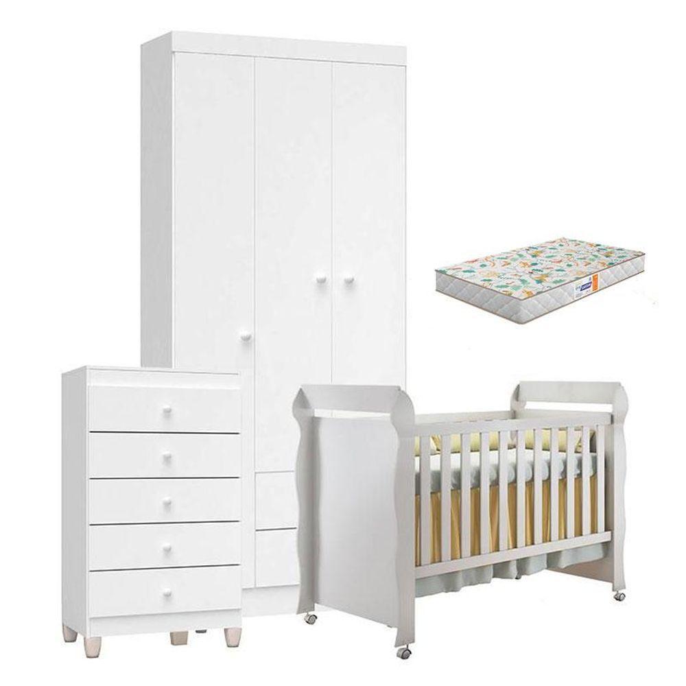Quarto De Bebê 3 Portas Com Gaveteiro Ternura Baby E Berço Mirelle Branco Brilho Com Colchão Gazin - Incorplac - 1