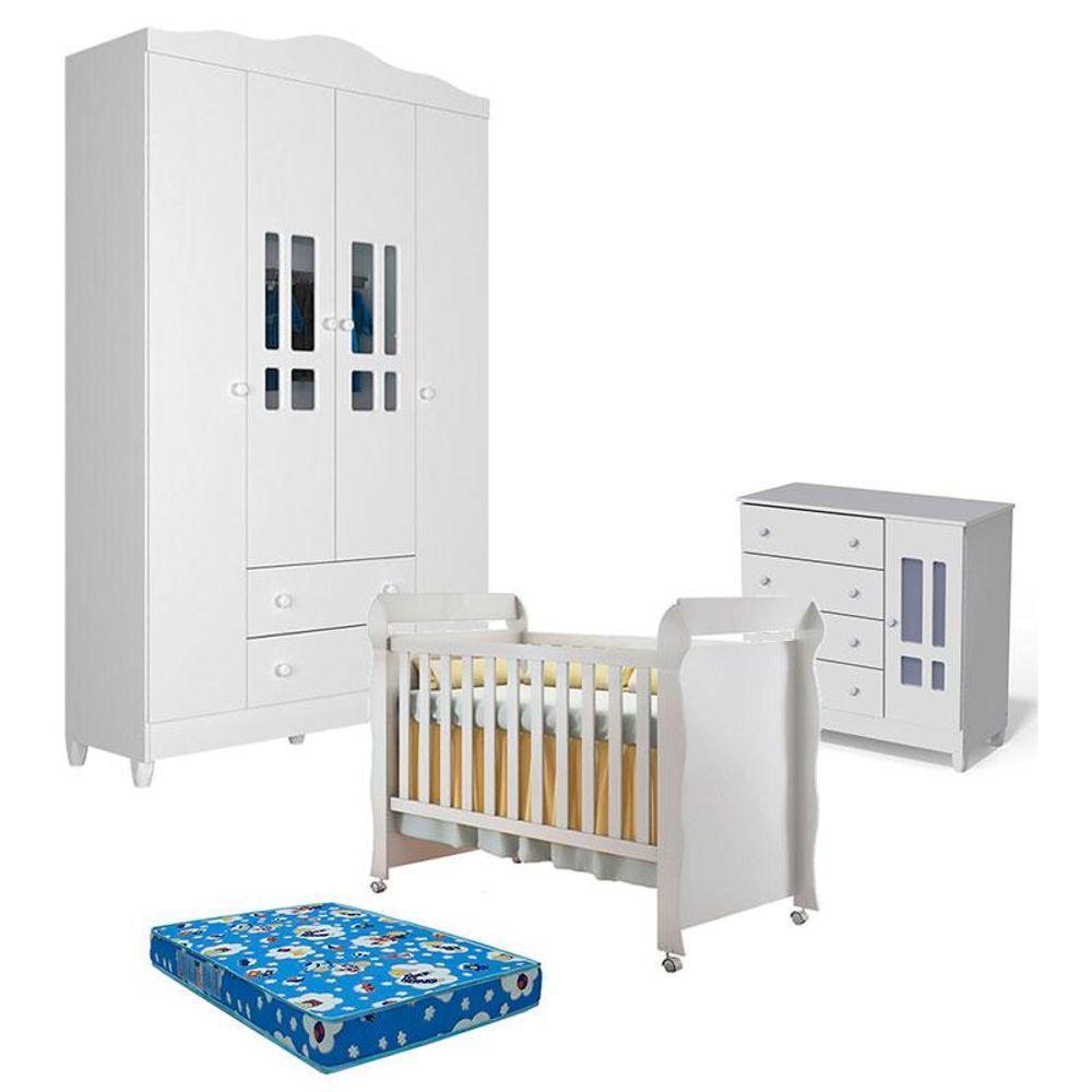 Quarto De Bebê Ariel 4 Portas E Berço Americano Mirelle Branco Brilho Com Colchão Ortobom - Carolina - 1