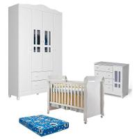 Quarto De Bebê Ariel 4 Portas E Berço Americano Mirelle Branco Brilho Com Colchão Ortobom - Carolina - 1