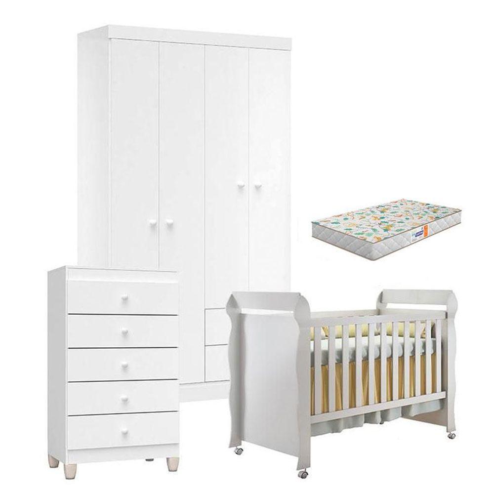 Quarto De Bebê 4 Portas Com Gaveteiro Ternura Baby E Berço Mirelle Branco Brilho Com Colchão Gazin - Incorplac - 1