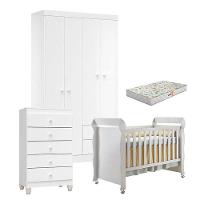 Quarto De Bebê 4 Portas Com Gaveteiro Ternura Baby E Berço Mirelle Branco Brilho Com Colchão Gazin - Incorplac - 1