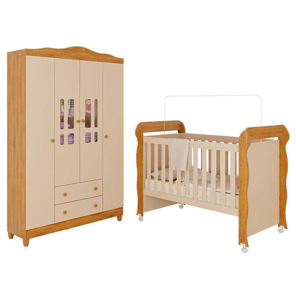 Berço Americano Mirelle E Guarda Roupa Infantil Ariel 4 Portas Off White Bétula- Carolina Baby - 1