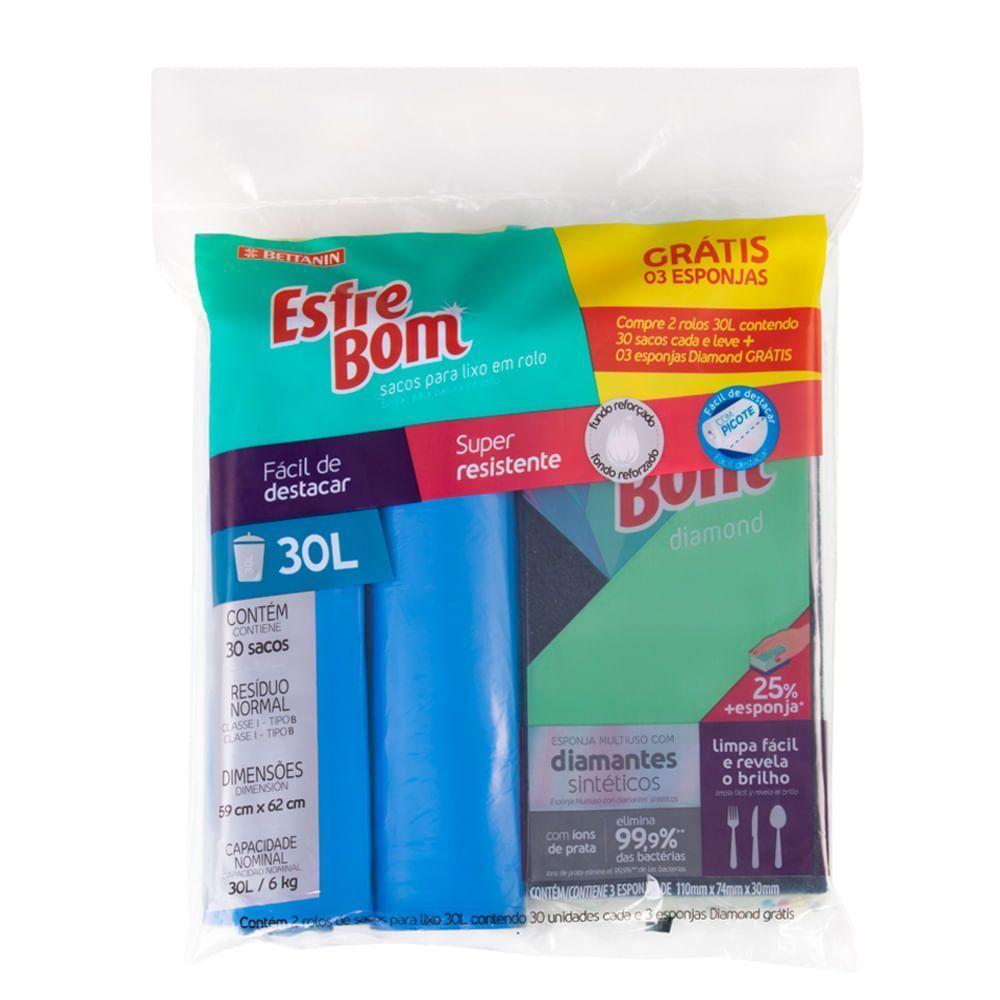 Kit 2 Rolos De Sacos Para Lixo 30l E 3 Esponjas Diamond Esfrebom - 1