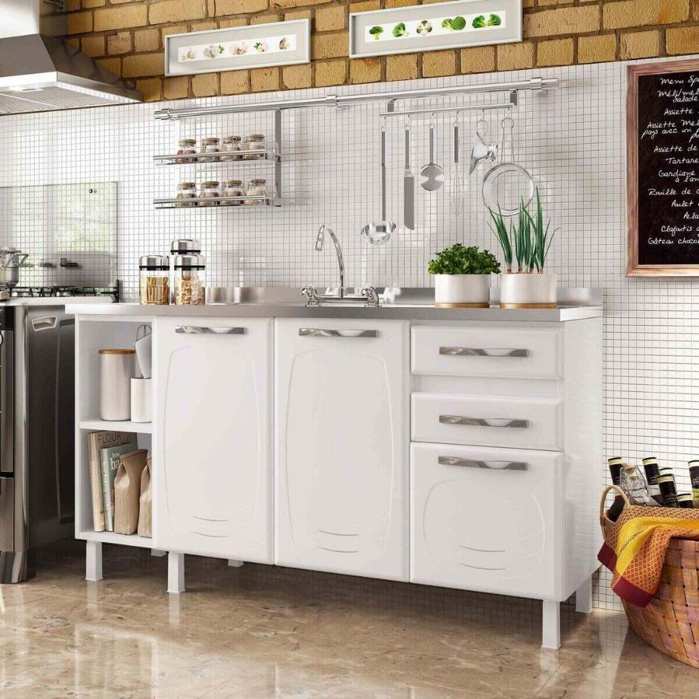 Balcão De Cozinha De Aço Gabinete Para Pia 3 Portas 2 Gavetas 150cm Multimóveis Cr20355 Branco - 1