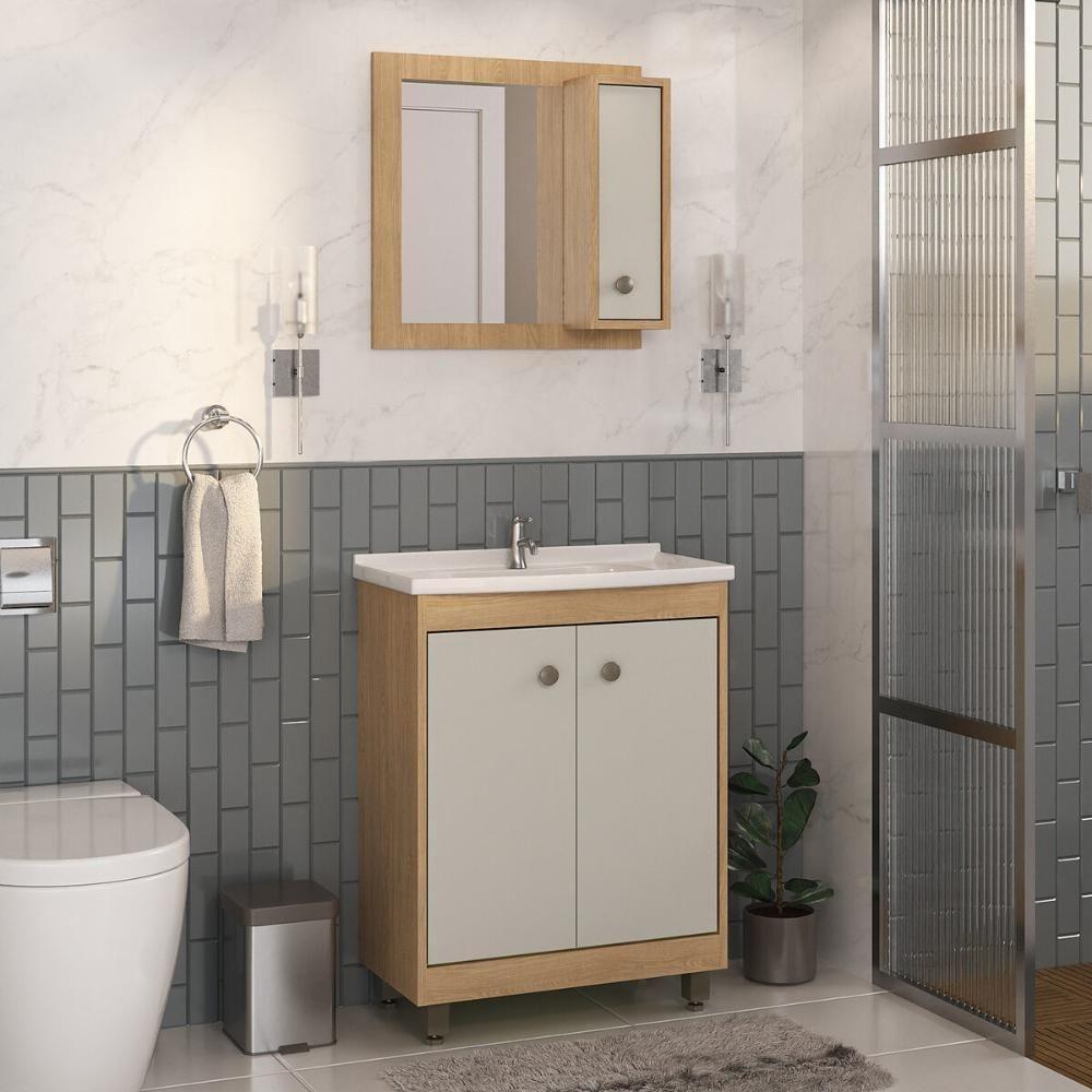 Gabinete De Banheiro Com Cuba E Espelheira 60cm Multimóveis Cr10133 Carvalho Nature-arenas - 1