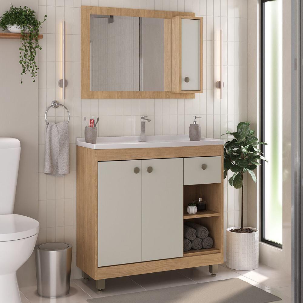 Gabinete De Banheiro Com Cuba E Espelheira 80cm Multimóveis Cr10134 Carvalho Nature-arenas - 1