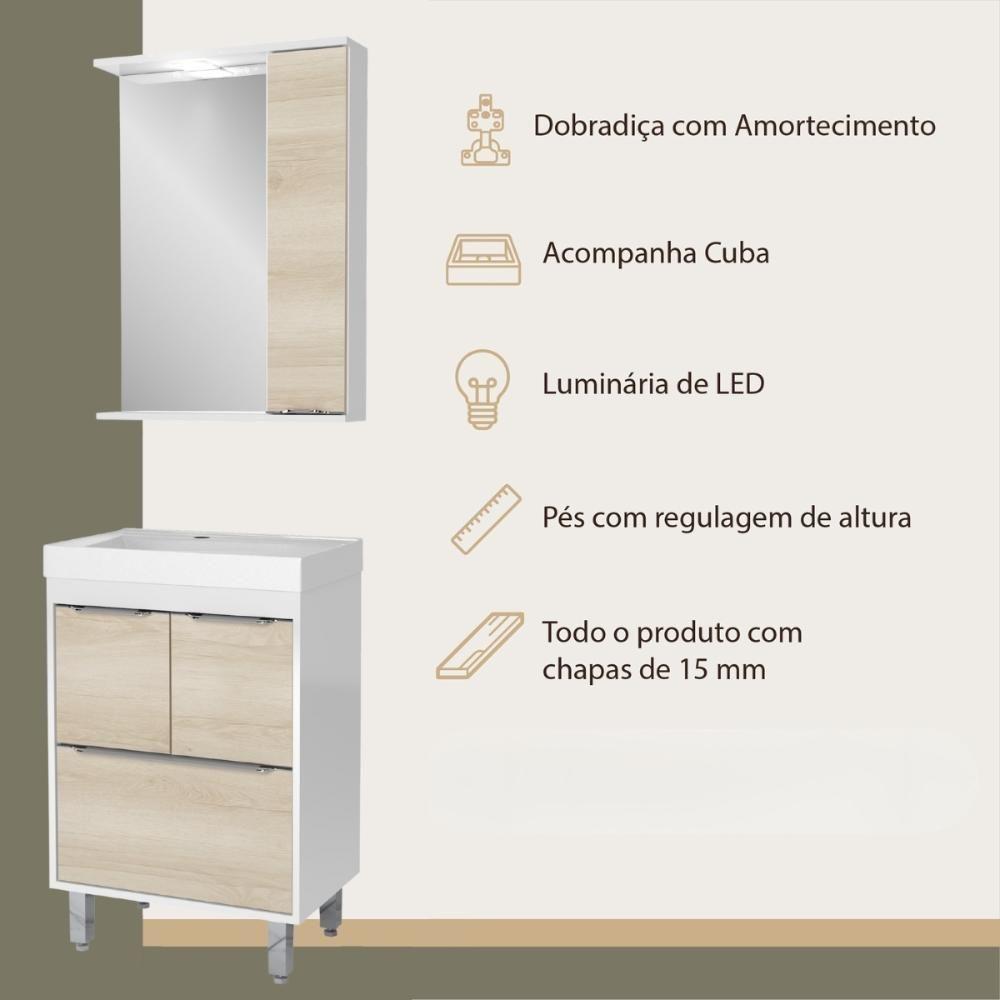 Gabinete De Banheiro Com Cuba E Espelheira Com Led 59cm Multimóveis Cr10130 Branco-legno Crema - 3