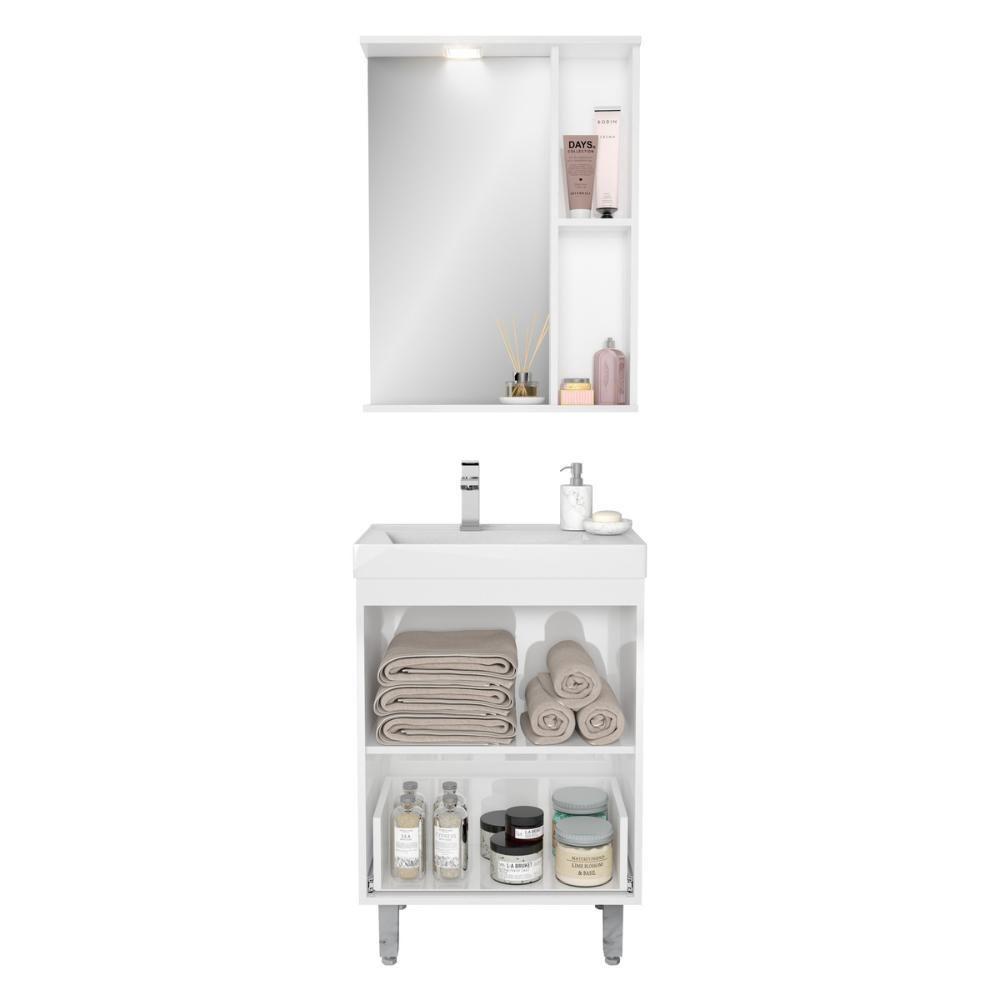 Gabinete De Banheiro Com Cuba E Espelheira Com Led 59cm Multimóveis Cr10130 Branco-legno Crema - 5