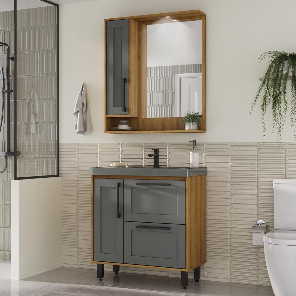 Gabinete De Banheiro Com Cuba E Espelheira Com Led 80cm Multimóveis Cr10140 Lâmina Mel-grafite - 1