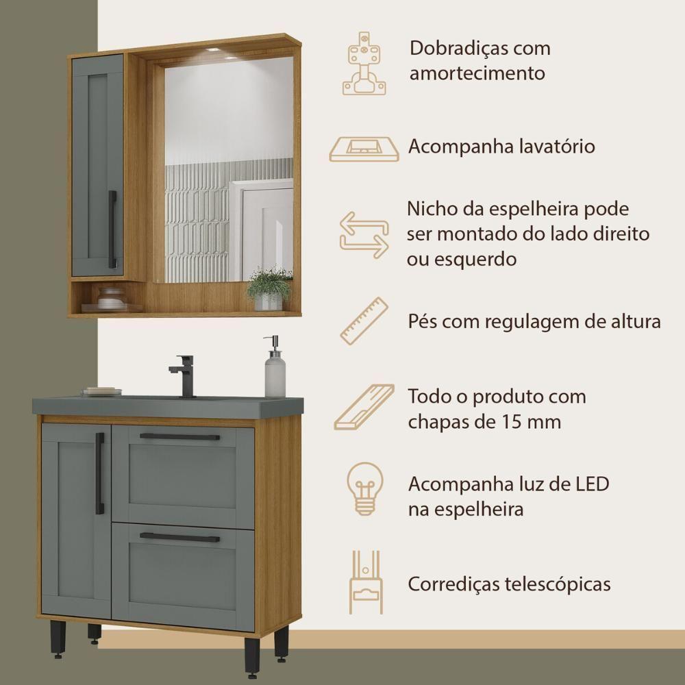 Gabinete De Banheiro Com Cuba E Espelheira Com Led 80cm Multimóveis Cr10140 Lâmina Mel-grafite - 3