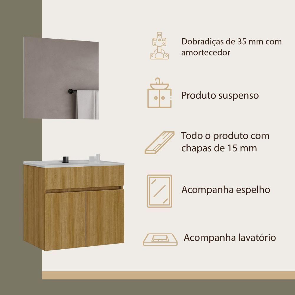 Gabinete De Banheiro Com Cuba E Espelheira Suspenso 60cm Multimóveis Cr10135 Lâmina Mel - 3