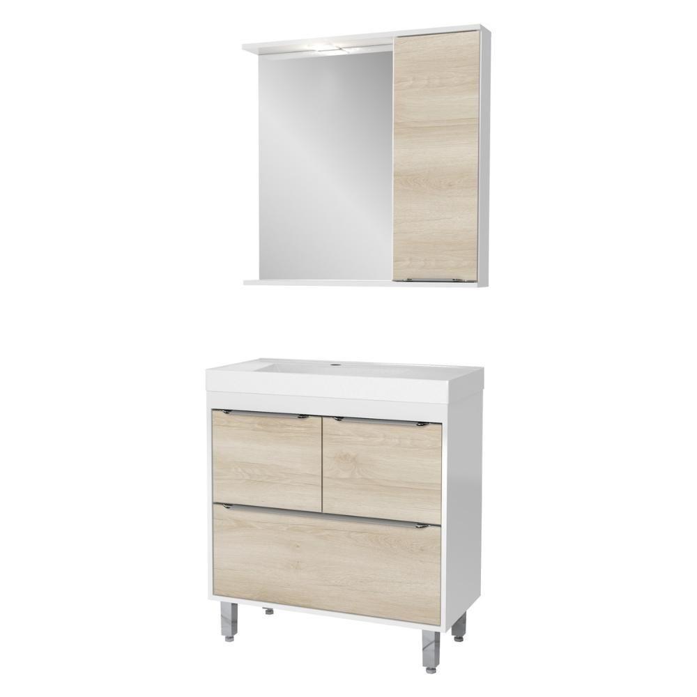 Gabinete De Banheiro Com Cuba E Espelheira Com Led 79,5cm Multimóveis Cr10131 Branco-legno Crema - 2