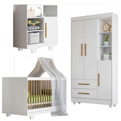 Quarto Bebê Completo Com Berço,guarda Roupa,cômoda E Colchão Branco