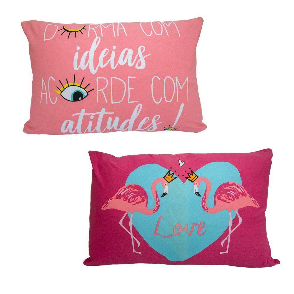 Kit Fronha Portallar Malha 100% Algodão Estampa Localizada Flamingo E Atitude (02 Unidades) Branco - 1