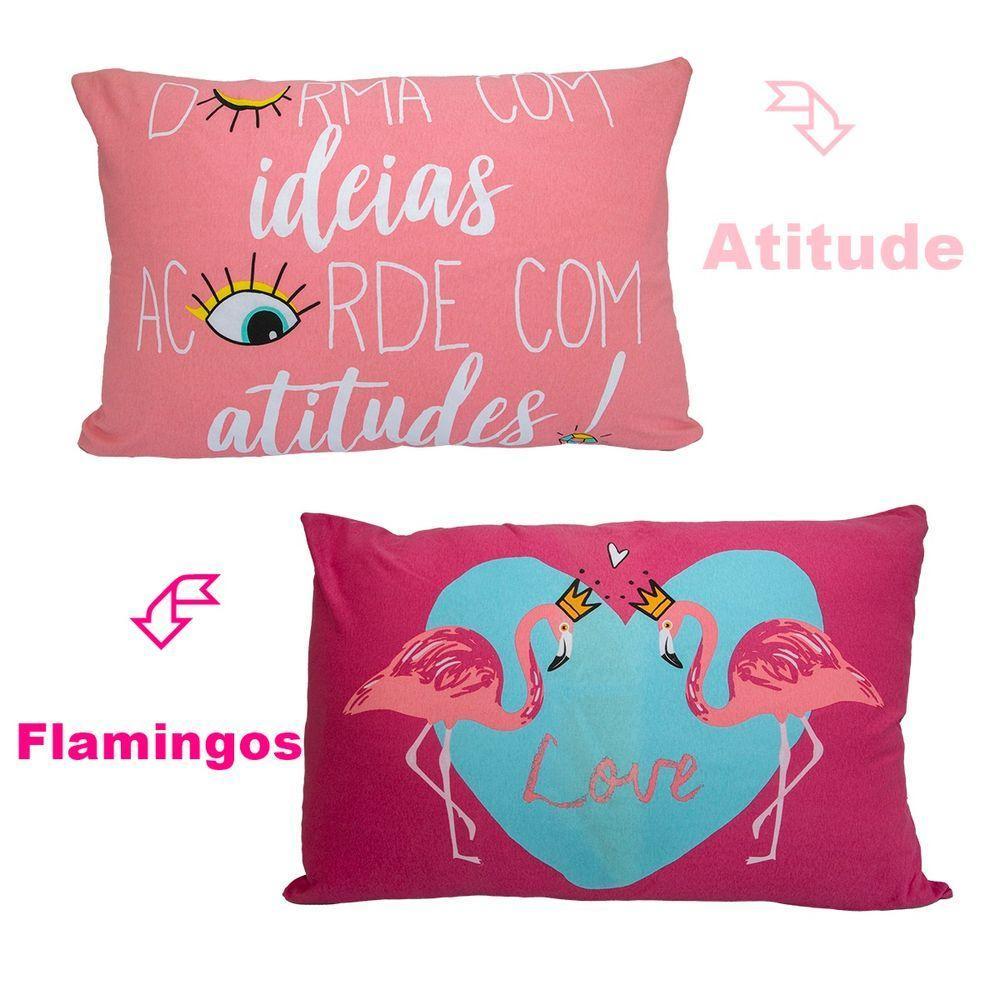 Kit Fronha Portallar Malha 100% Algodão Estampa Localizada Flamingo E Atitude (02 Unidades) Branco - 2
