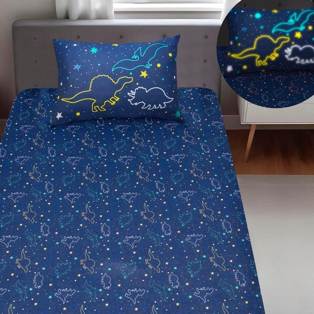 Jogo De Cama Portallar Solteiro Malha Mista Joy Dinossauros 2 Peças Azul - 3