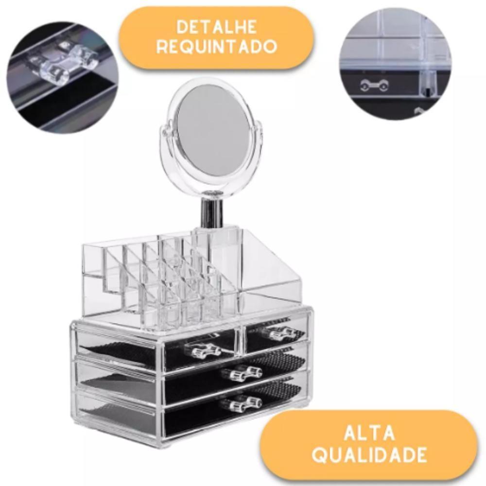 Organizador Acrílico Com Espelho 4 Gavetas Porta Maquiagem Batom Pincel E Bijuterias - 4