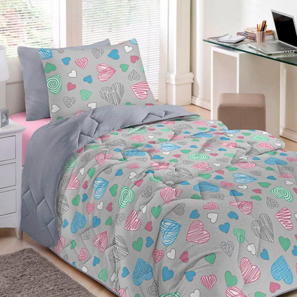 Edredom Buettner Solteiro Malha 100% Algodão Basic Estampado Amores 150mx220m Cinza - 3