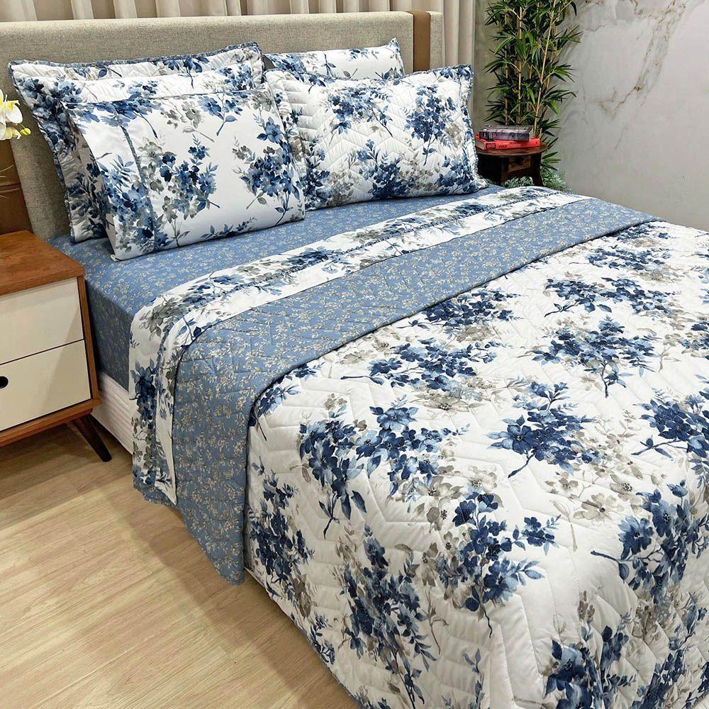 Kit Cobre Leito Colcha E Lençol Topázio Queen Dupla Face 7 Peças - Marinho - 100% Poliéster - 2