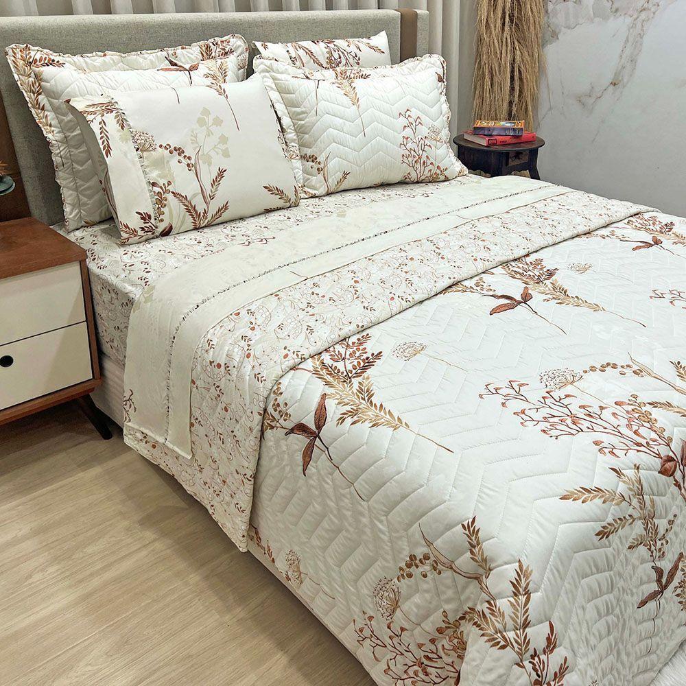 Kit Cobre Leito Colcha E Lençol Topázio King Dupla Face 7 Peças - Bege - 100% Poliéster - 1