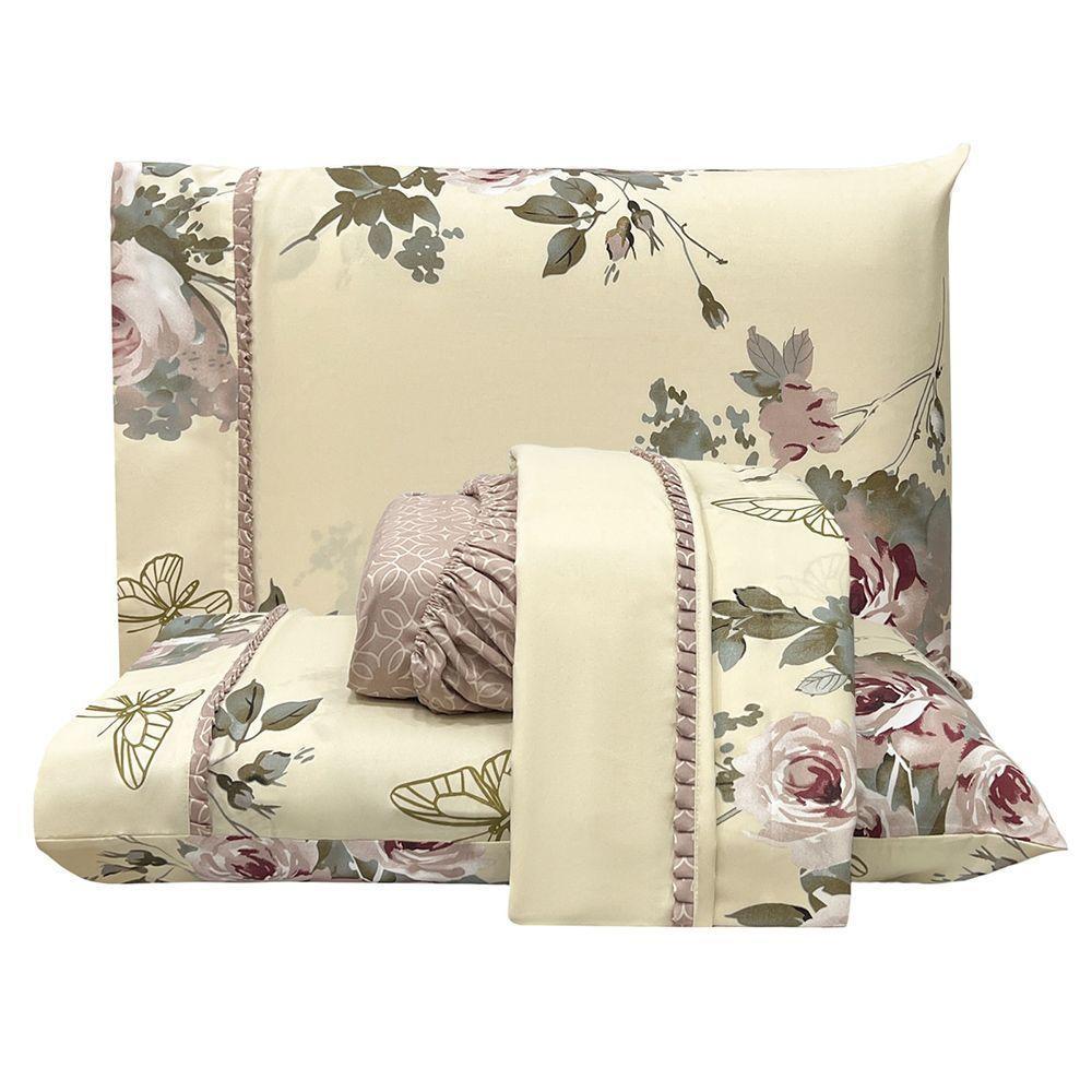 Jogo De Cama Lençol Casal Topázio Percal 300 Fios 4 Peças - Palha - 100% Poliéster - 1