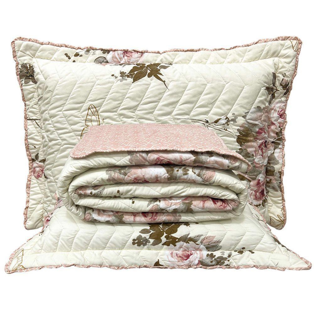 Kit Cobre Leito Colcha Topázio King Dupla Face 3 Peças - Palha - 100% Poliéster - 1