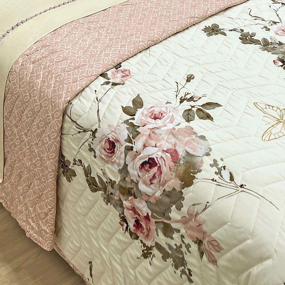 Kit Cobre Leito Colcha E Lençol Topázio Queen Dupla Face 7 Peças - Palha - 100% Poliéster - 2