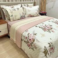 Kit Cobre Leito Colcha E Lençol Topázio Queen Dupla Face 7 Peças - Palha - 100% Poliéster - 1