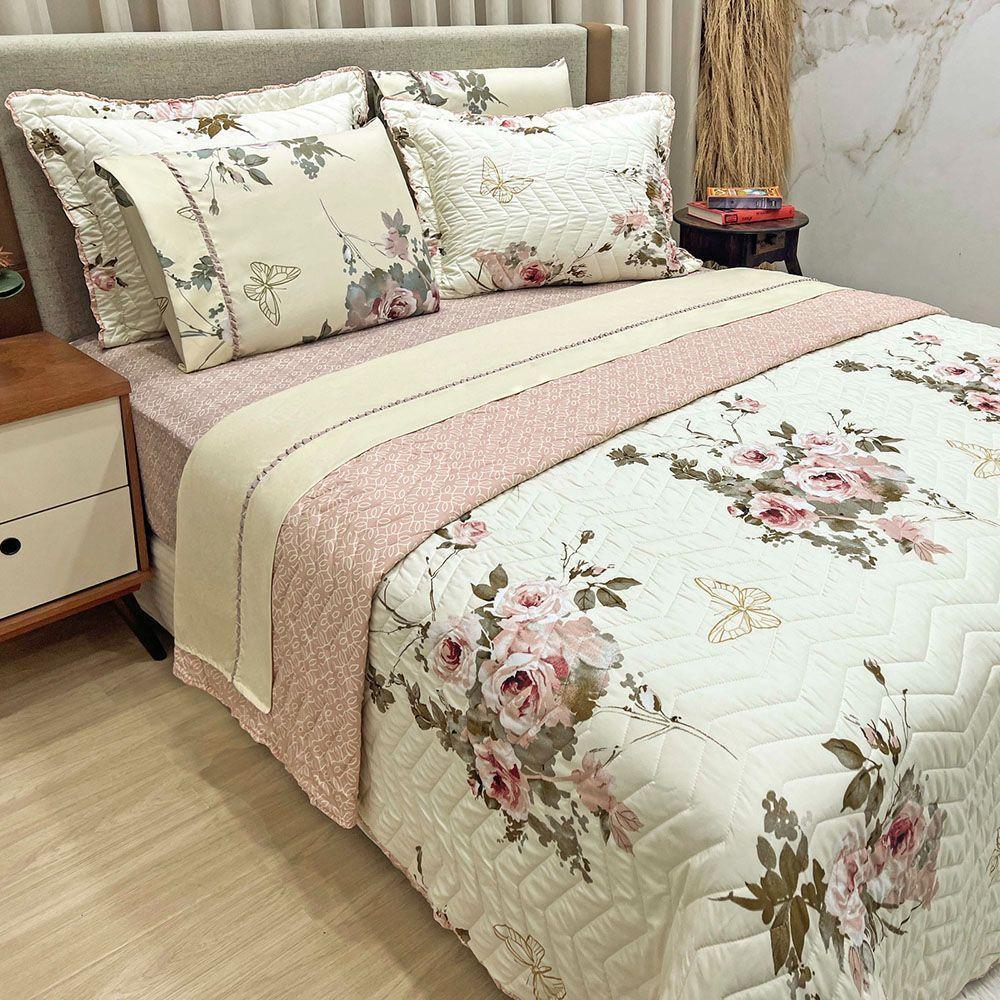 Kit Cobre Leito Colcha E Lençol Topázio King Dupla Face 7 Peças - Palha - 100% Poliéster - 1