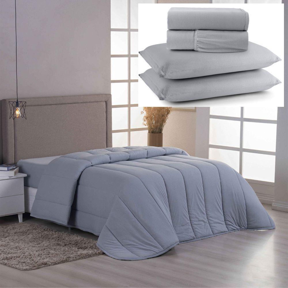 Coordenado Edredom E Lençol King Sereno Em Malha 5 Peças - Cinza - 100% Algodão - 1