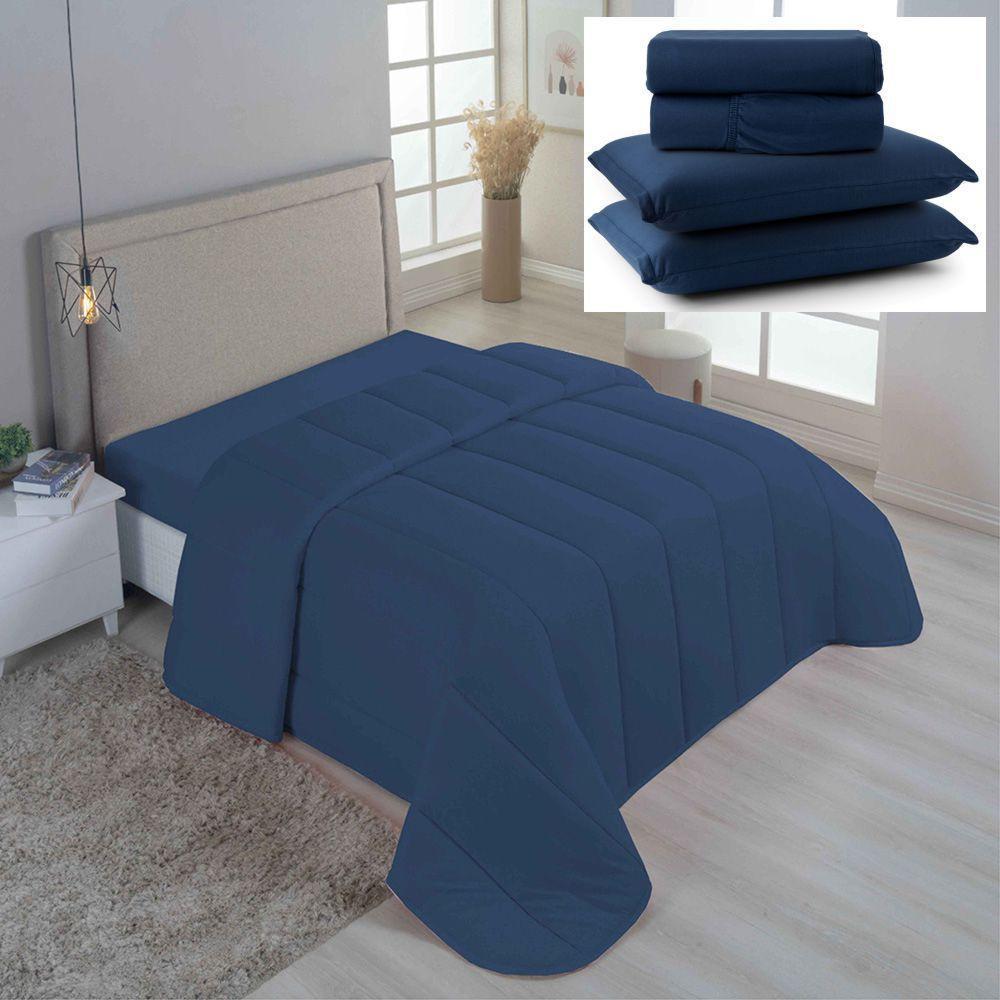 Coordenado Edredom E Lençol King Sereno Em Malha 5 Peças - Marinho- 100% Algodão - 1