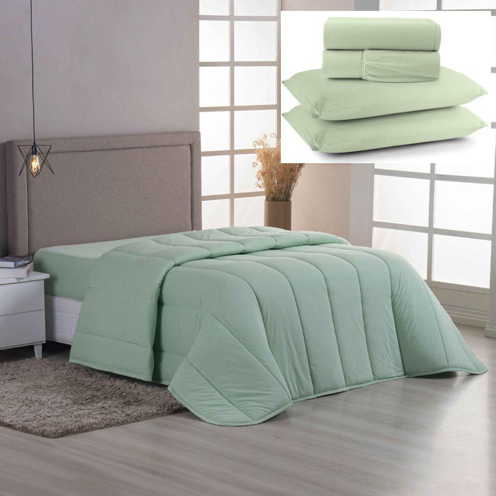 Coordenado Edredom E Lençol King Sereno Em Malha 5 Peças - Verde - 100% Algodão - 1