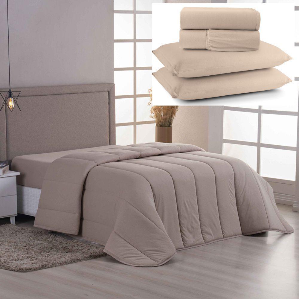 Coordenado Edredom E Lençol King Sereno Em Malha 5 Peças - Cáqui - 100% Algodão - 1