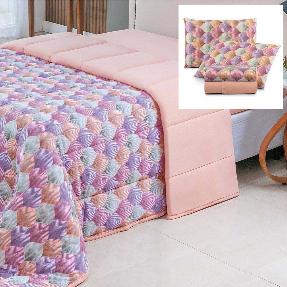 Coordenado Edredom E Lençol King Sonho Bom Em Malha 5 Peças - Salmão - 100% Algodão - 1