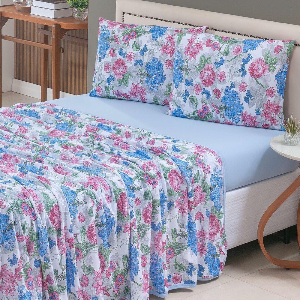 Coordenado Edredom E Lençol King Sonho Bom Em Malha 5 Peças - Azul - 100% Algodão - 5