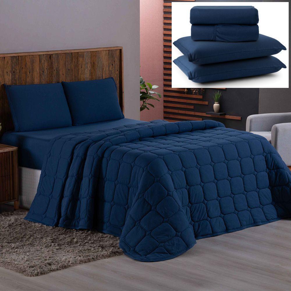 Coordenado Cobre Leito E Lençol Casal Sereno Em Malha 7 Peças - Marinho - 100% Algodão - 1