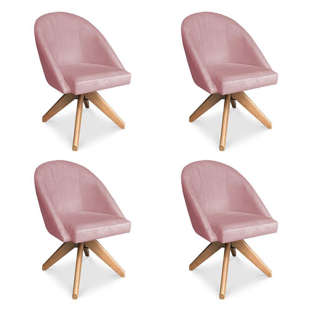 Kit 04 Poltronas Cadeira Giratória Bela Veludo Rosê Base De Madeira - Pallazio - 1