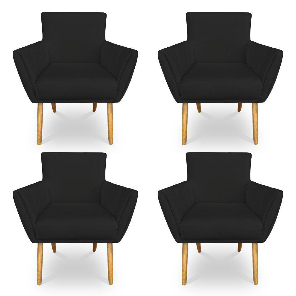 Kit 4 Poltronas Decorativa Leticia Suede Preto Pés Palito Castanho - Pallazio - 1