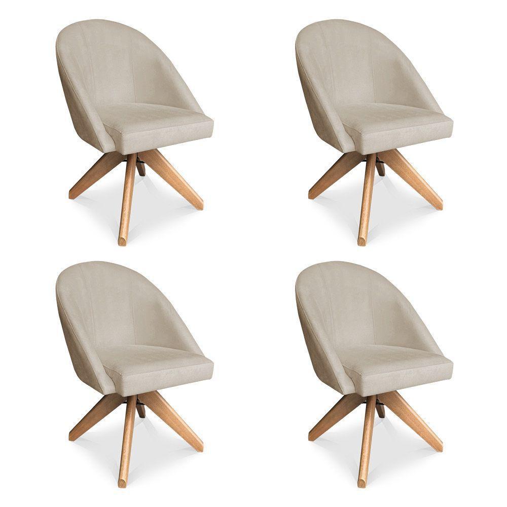 Kit 04 Poltronas Cadeira Giratória Bela Veludo Base De Madeira - Pallazio Cor Bege - 1