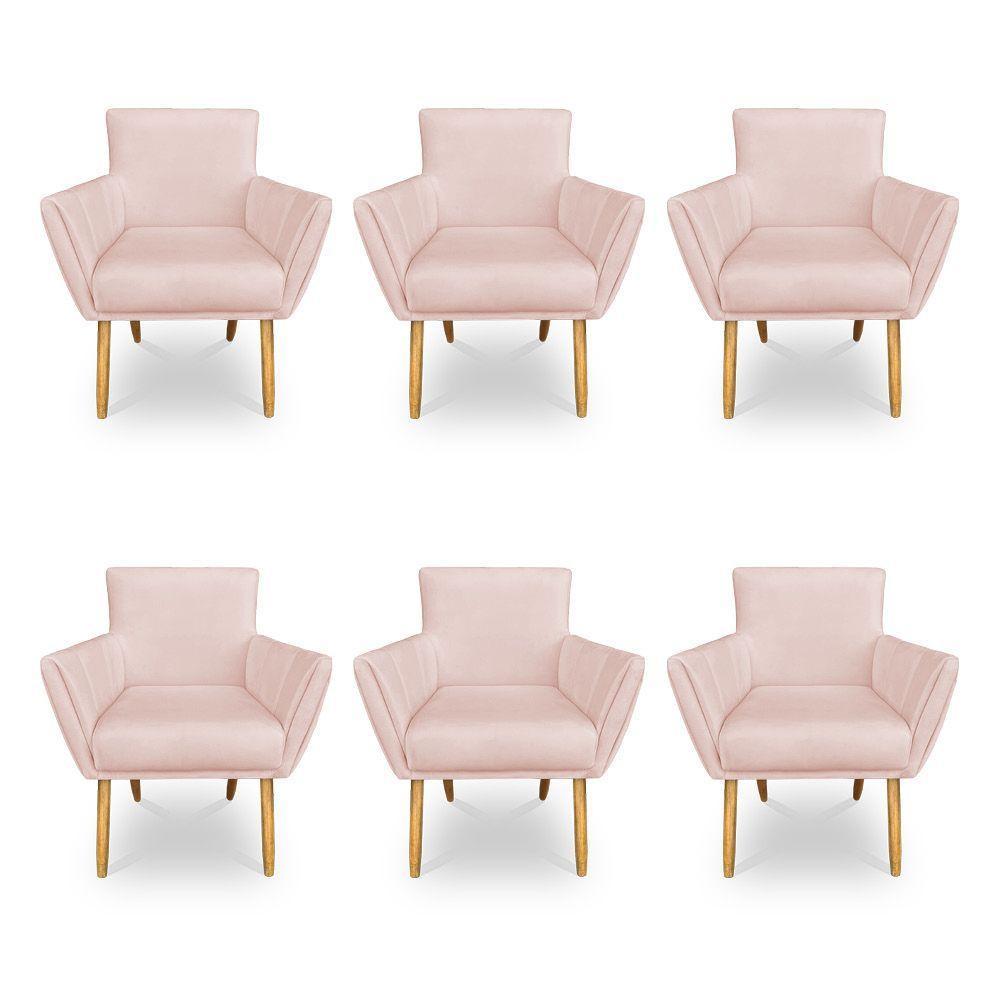 Kit 6 Poltronas Decorativa Leticia Suede Rosa Bebê Pés Palito Castanho - Pallazio - 1