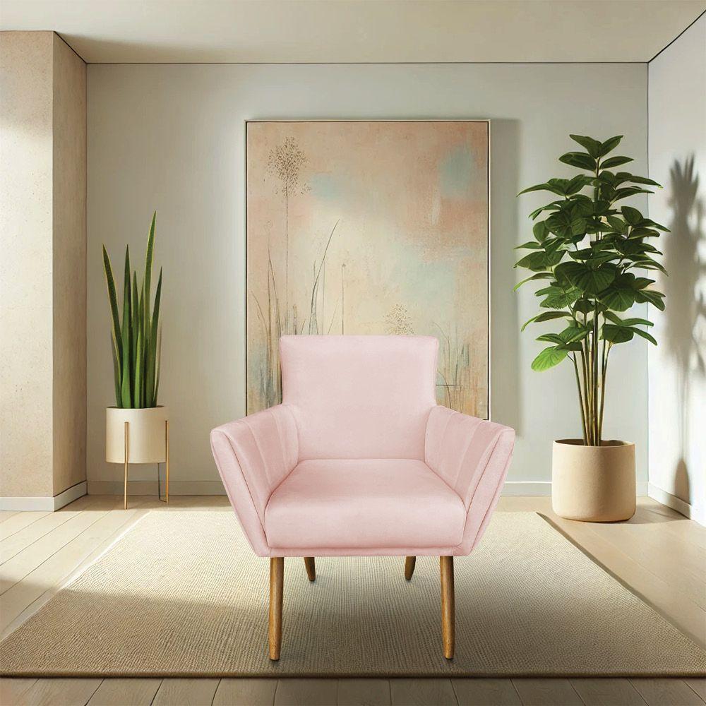 Kit 6 Poltronas Decorativa Leticia Suede Rosa Bebê Pés Palito Castanho - Pallazio - 2
