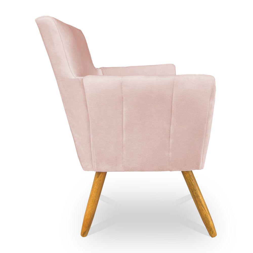 Kit 4 Poltronas Decorativa Leticia Suede Rosa Bebê Pés Palito Castanho - Pallazio - 5