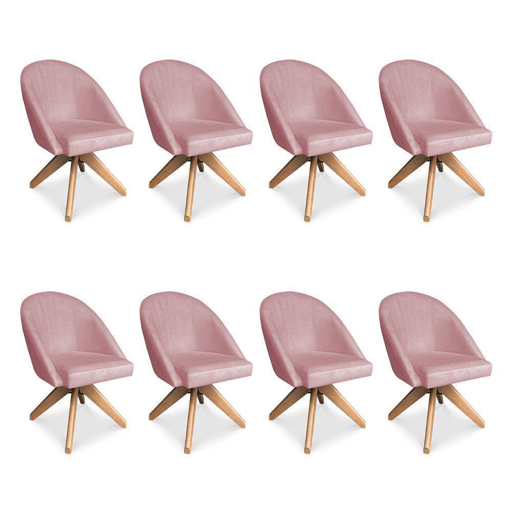 Kit 08 Poltronas Cadeira Giratória Bela Veludo Rosê Base De Madeira - Pallazio - 1