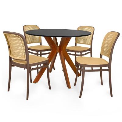 Conjunto Mesa De Jantar Redonda Marci 100cm Preta Com 4 Cadeiras Roma - Marrom