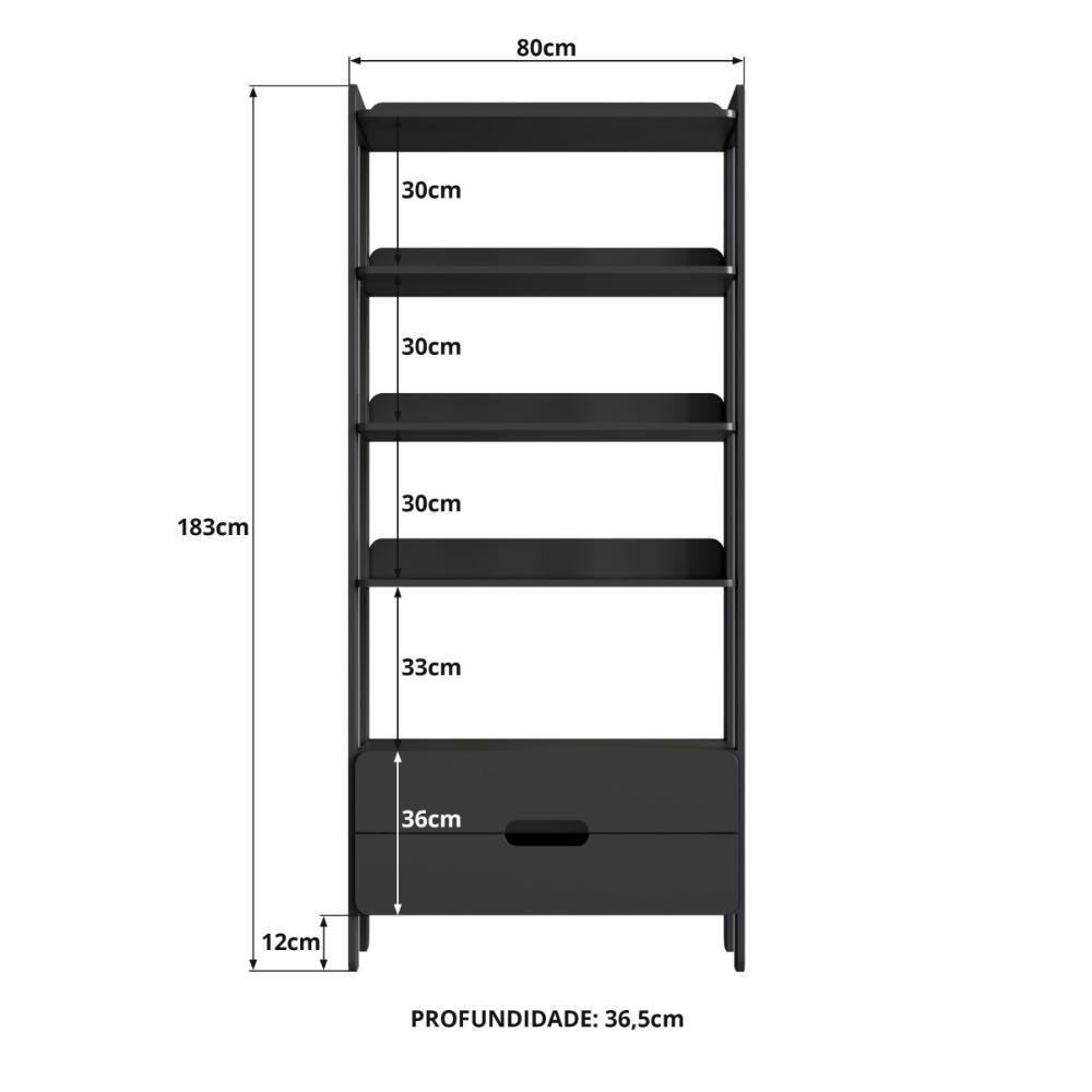 Armário Estante Multiuso 4 Prateleiras E 2 Gavetas Elvis - Preto - 3