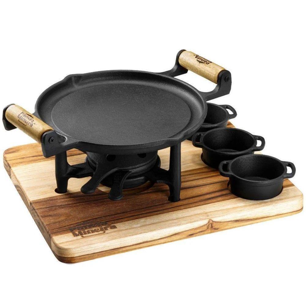 Conjunto Fogareiro Fogo Forte 22,5cm E Suporte De Madeira 35x28cm Com 3 Molheiras Panela Mineira - 1