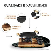 Conjunto Fogareiro Fogo Forte 22,5cm E Suporte De Madeira 35x28cm Com 3 Molheiras Panela Mineira